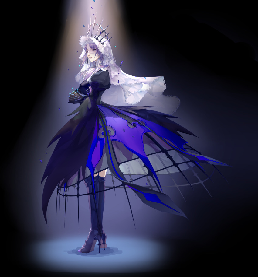 1girl, black_background, black_boots, black_dress, boots, ceres_(forever_7th_capital), confetti, crinoline, dress, forever_7th_capital, from_behind, full_body, gauntlets, grey_hair, high_heel_boots, high_heels, highres, juliet_sleeves, julycheese, knee_boots, lace-trimmed_veil, lace_trim, long_hair, long_sleeves, looking_at_viewer, looking_to_the_side, nun, nun_headdress, own_hands_together, puffy_sleeves, purple_hair, solo, spotlight, tiara, torn_clothes, torn_dress, veil, white_headwear, wide_sleeves