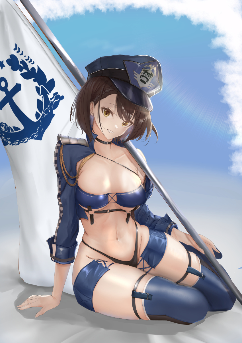 1girl, absurdres, arm_support, azur_lane, baltimore_(azur_lane), baltimore_(finish_line_flagbearer)_(azur_lane), bandeau, bikini