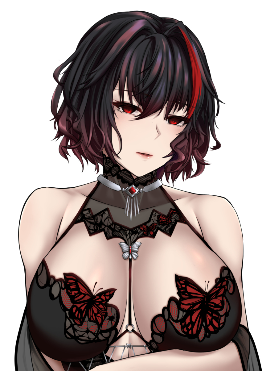 1girl, bare_shoulders, black_hair, breasts, collarbone, commission, cosplay, girls'_frontline