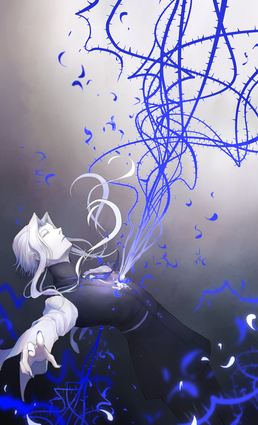 1boy, absurdres, black_vest, bleeding, blood, blue_blood, blue_nails, blue_necktie, blue_theme, blurry, closed_eyes, closed_mouth, colored_blood, cowboy_shot, depth_of_field, falling, floating_hair, forever_7th_capital, from_side, grey_background, highres, homutan_(syjg2733), impaled, iscario_(forever_7th_capital), long_sleeves, male_focus, motion_blur, nail_polish, necktie, outstretched_arms, pale_skin, petals, profile, shirt, short_hair_with_long_locks, solo, spread_arms, thorns, vest, white_shirt