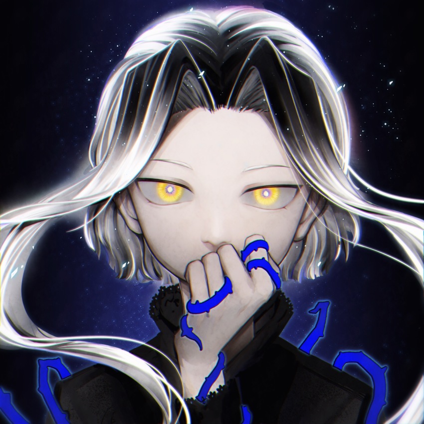 1boy, black_background, black_hair, covered_mouth, covering_own_mouth, floating_hair, forever_7th_capital, hand_over_own_mouth