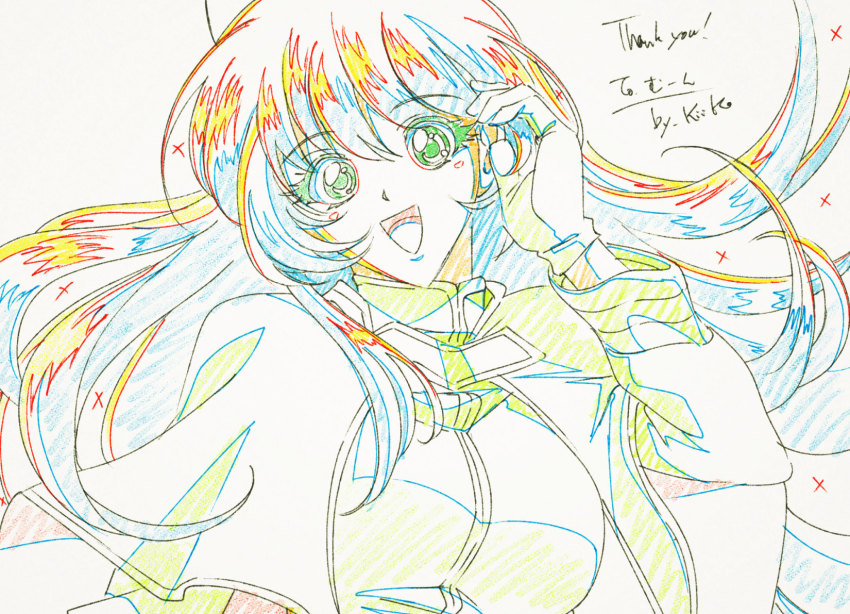 blue_hair, breasts, capelet, color_trace, commission, floating_hair, gloves, green_eyes