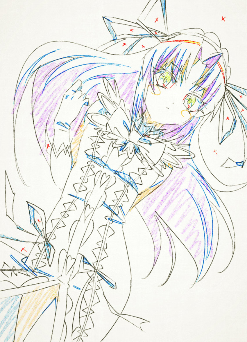 1girl, al_azif_(demonbane), blush, bow, color_trace, commission, demonbane, dress