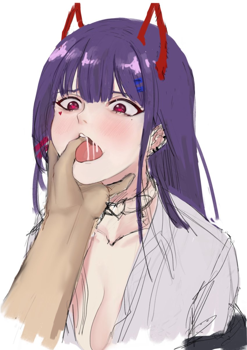 akuma_nihmune, akuma_nihmune_(1st_costume), finger_in_another's_mouth, highres, indie_virtual_youtuber, seiji_kimoti, simple_background, tagme, virtual_youtuber, white_background