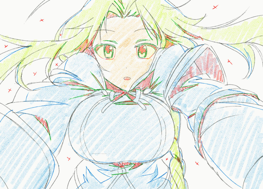 1girl, blue_jacket, braid, breasts, character_request, color_trace, commission, fate_(series)