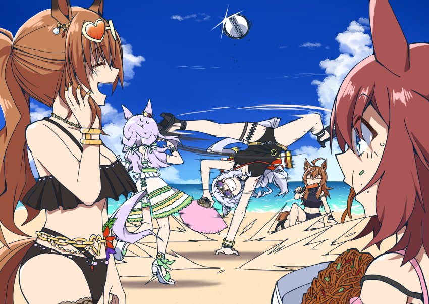 5girls, =_=, animal_ears, beach, bikini, black_bikini, black_one-piece_swimsuit, blue_eyes, breasts, brown_hair, carrying_over_shoulder, casual_one-piece_swimsuit, cleavage, cloud, day, dress, eyewear_on_head, folding_fan, food, food_in_mouth, food_on_face, glint, gold_ship_(run_revolt_launcher)_(umamusume), gold_ship_(umamusume), grin, hachiman_(douno), hand_fan, handstand, high_heel_sandals, high_heels, highres, holding, holding_fan, horizon, horse_ears, horse_girl, horse_tail, jewelry, long_hair, maruzensky_(hot_summer_night)_(umamusume), maruzensky_(umamusume), medium_breasts, mejiro_mcqueen_(ripple_fairlady)_(umamusume), mejiro_mcqueen_(umamusume), motion_lines, multiple_girls, nakayama_festa_(entrust_myself_to_the_dice)_(umamusume), nakayama_festa_(umamusume), necklace, ocean, one-piece_swimsuit, one_arm_handstand, open_mouth, outdoors, ponytail, purple_hair, sakura_chiyono_o_(sakura_hearts_are_super_good_hearts)_(umamusume), sakura_chiyono_o_(umamusume), sand, sandals, sitting, smile, speed_lines, spinning, sunglasses, sweatdrop, swimsuit, tail, teeth, umamusume, water, white_dress, yakisoba
