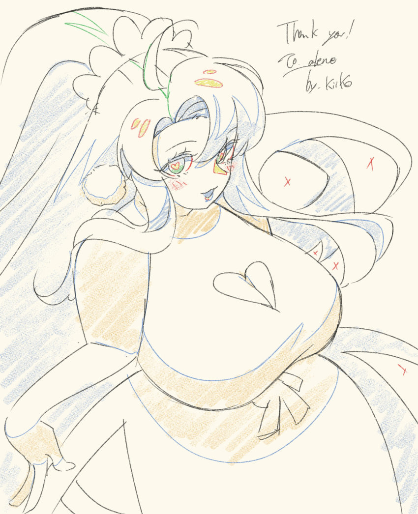 1girl, blush, breasts, cleavage, cleavage_cutout, clothing_cutout, color_trace, commission, dress, floating_hair, hand_on_own_hip, heart, heart-shaped_pupils, heart_cutout, highres, huge_breasts, kiiko_2233, long_hair, looking_at_viewer, open_mouth, original, skeb_commission, smile, solo, symbol-shaped_pupils, very_long_hair, yellow_background