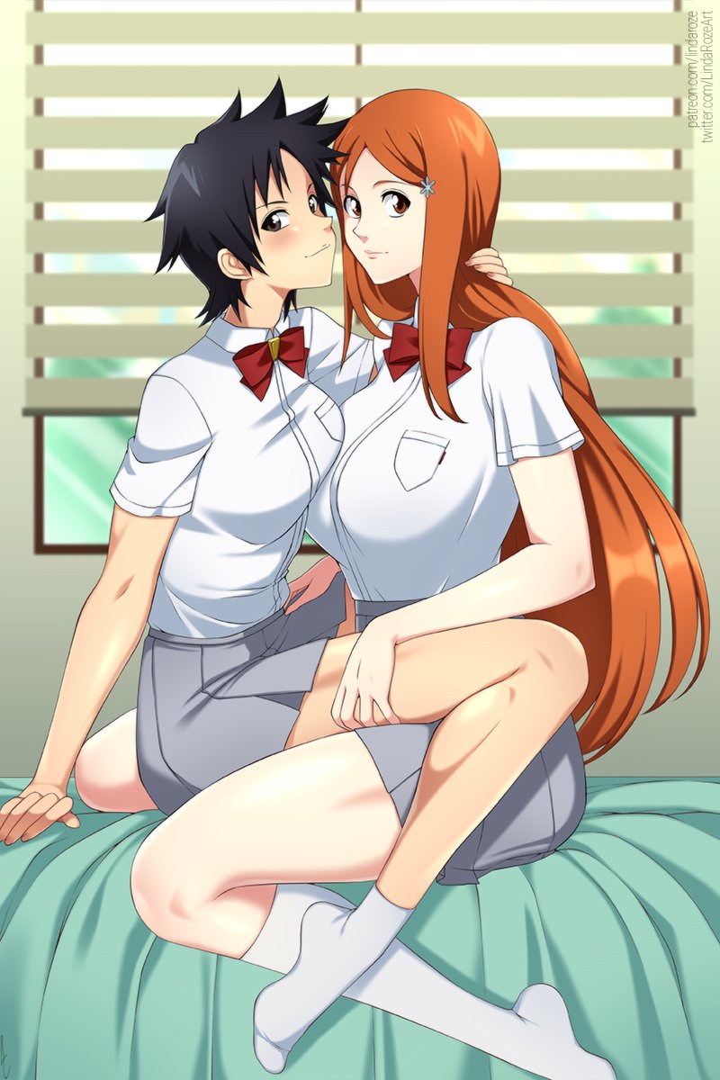 2girls, arisawa_tatsuki, bed_sheet, black_hair, bleach, breast_pocket, breasts, brown_eyes, female_focus, hand_in_own_hair, hand_on_another's_hair, hand_on_another's_thigh, highres, inoue_orihime, karakura_high_school_uniform, large_breasts, lindaroze, long_hair, looking_at_viewer, medium_breasts, multiple_girls, orange_hair, patreon_username, pocket, school_uniform, shirt_tucked_in, short_hair, skirt, socks, source_request, spiked_hair, tagme, thighs, twitter_username, white_footwear, yuri