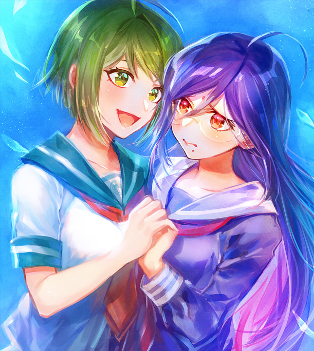 2girls, ahoge, blue_background, blush, collarbone, danganronpa_(series), danganronpa_another_episode:_ultra_despair_girls, dress