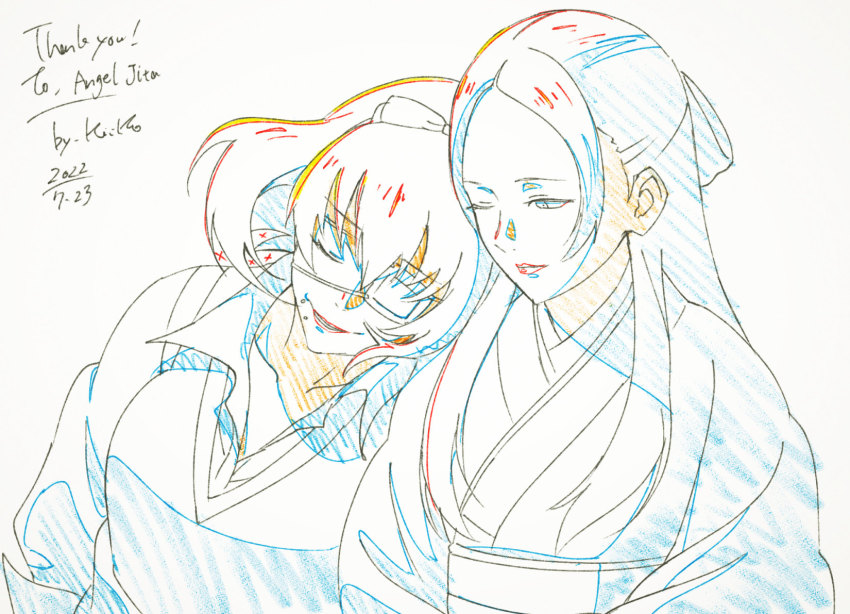 2girls, color_trace, commission, dated, eyepatch, face_piercing, hair_behind_ear, highres