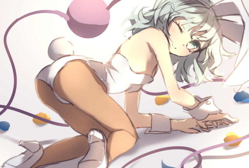1girl, ;), animal_ears, ass, bunny_day, closed_mouth, dise_(psychoro), green_eyes, green_hair, high_heels, komeiji_koishi, leotard, looking_at_viewer, one_eye_closed, rabbit_ears, rabbit_tail, short_hair, simple_background, smile, solo, tail, third_eye, touhou, white_background, white_footwear, white_leotard, wrist_cuffs