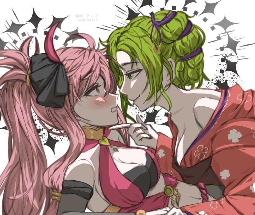 2girls, alternate_costume, bare_shoulders, blush, breasts, cleavage, cosplay, dorothea_arnault, dorothea_arnault_(cosplay), fire_emblem, fire_emblem:_the_sacred_stones, fire_emblem:_three_houses, fire_emblem_heroes, green_eyes, green_hair, hair_between_eyes, highres, japanese_clothes, kimono, l'arachel_(fire_emblem), long_hair, long_sleeves, marisa_(fire_emblem), multiple_girls, nintendo, official_alternate_costume, pink_eyes, pink_hair, ponytail, red_kimono, shan0732, upper_body, wide_sleeves, yuri