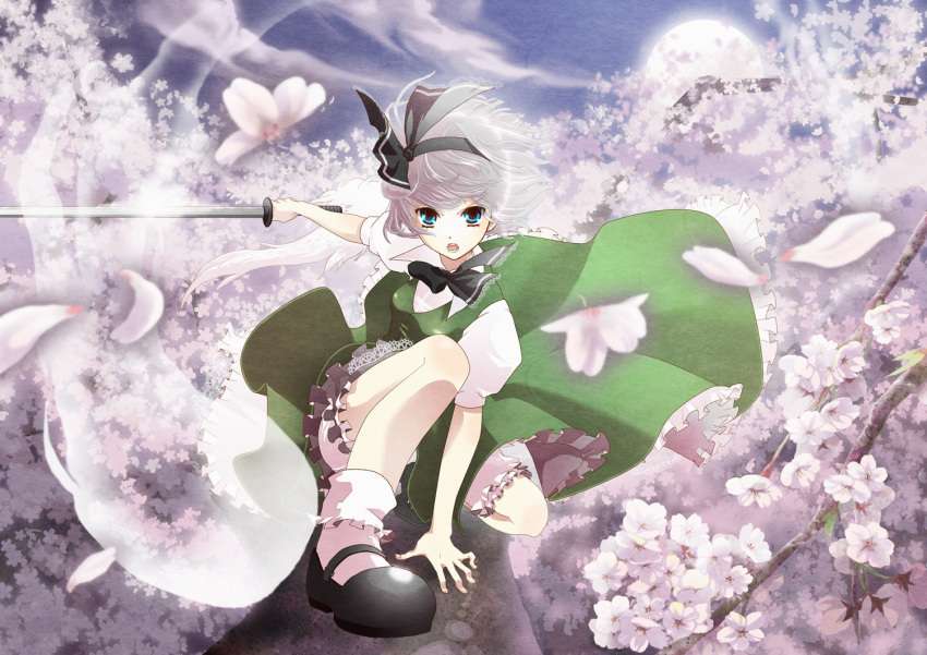 1girl, bad_id, bad_pixiv_id, blue_eyes, cherry_blossoms, female_focus, flower, full_body, ghost, hairband, kaiko_(loftdip), katana, konpaku_youmu, konpaku_youmu_(ghost), mary_janes, nature, outdoors, petals, shoes, short_hair, silver_hair, sky, solo, sword, touhou, weapon