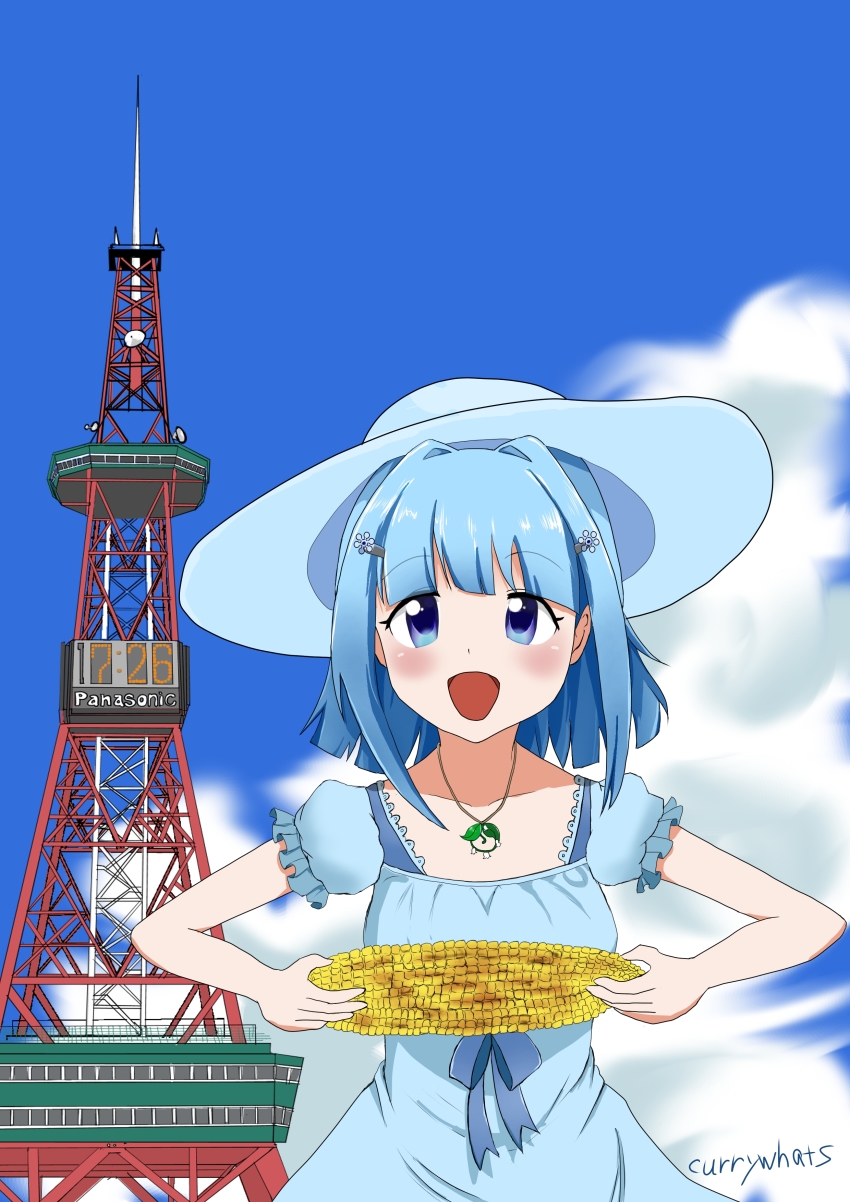 1girl, absurdres, blue_eyes, blue_sky, corn, dress, highres, panasonic