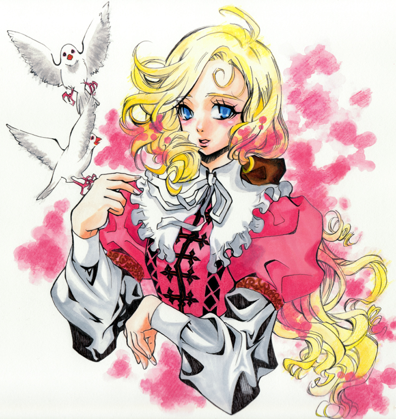 1girl, ahoge, bad_id, bad_pixiv_id, bird, blonde_hair, blue_eyes, blush