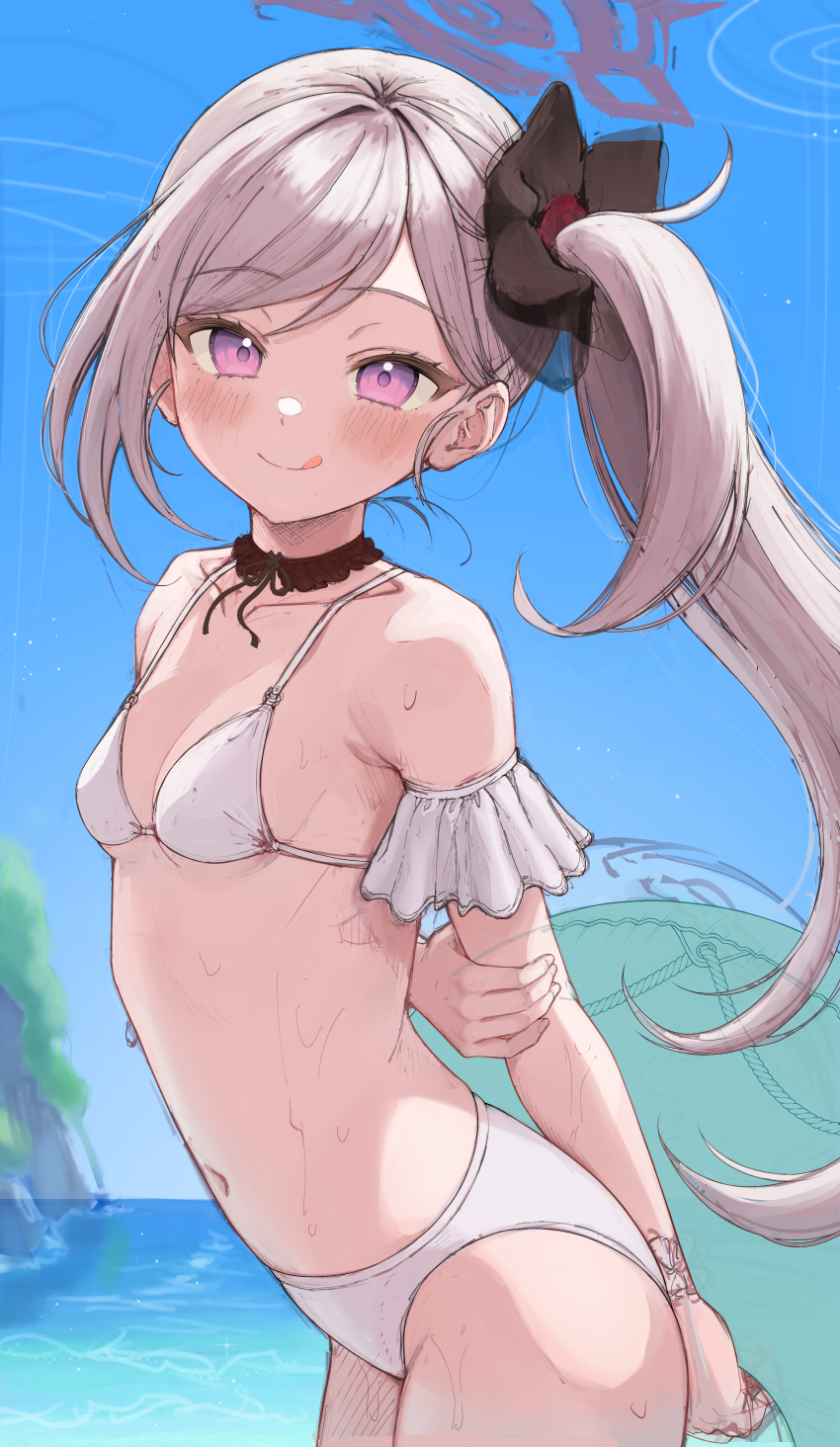 1girl, :q, absurdres, beach, bikini, blue_archive, blue_sky, cowboy_shot, hair_ornament, hair_scrunchie, halo, highres, lifebuoy, looking_at_viewer, mutsuki_(blue_archive), ocean, purple_eyes, scrunchie, side_ponytail, sketch, sky, solo, sweat, swim_ring, swimsuit, takio_(kani_sama), tongue, tongue_out, white_bikini, white_hair