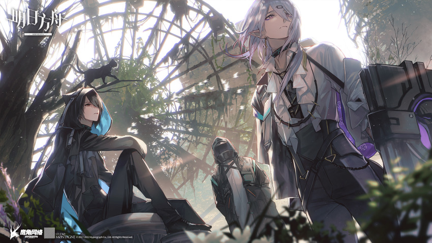 3boys, arknights, black_hair, cat, chain, doctor_(arknights), grey_hair, highres