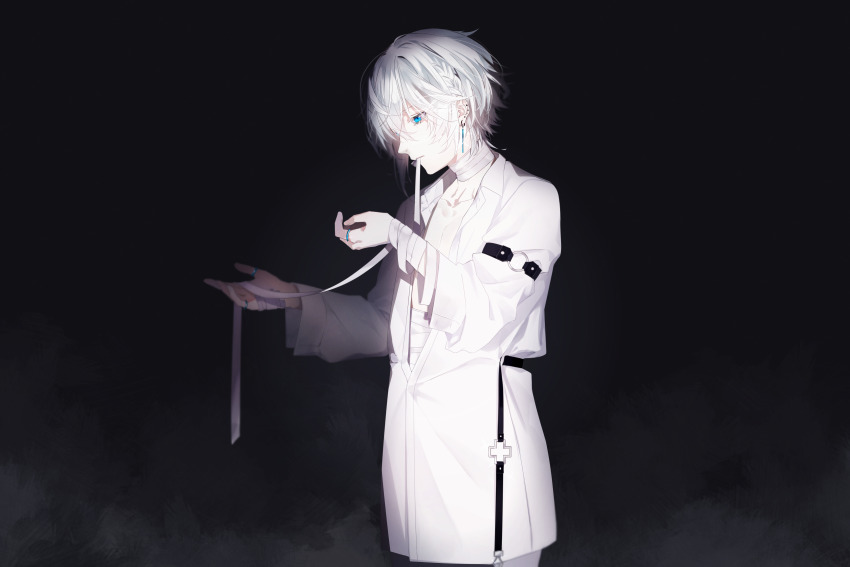 1boy, absurdres, bandaged_arm, bandages, black_background, blue_eyes, coat, ear_piercing, earrings, facing_to_the_side, highres, jewelry, kugusarasiki, long_sleeves, looking_down, male_focus, original, piercing, solo, white_hair