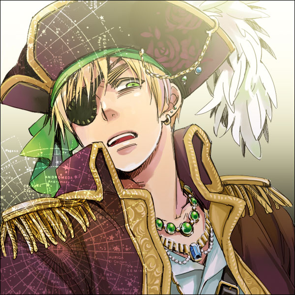 1boy, axis_powers_hetalia, bandana, blonde_hair, eyepatch, feathers, green_eyes, hat, iwaki_soyogo, jewelry, male_focus, necklace, pirate_costume, pirate_hat, short_hair, solo, tricorne, united_kingdom_(hetalia)
