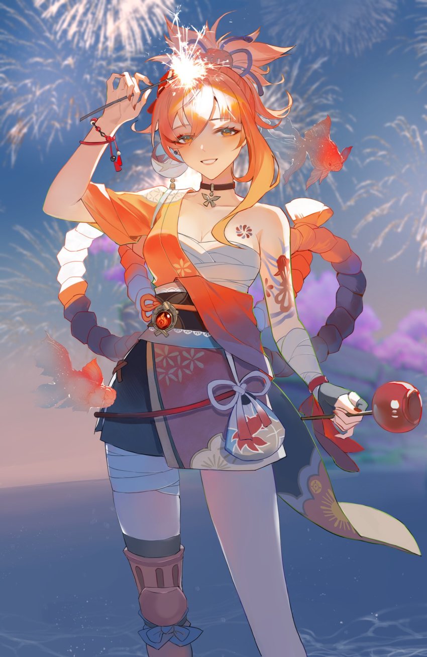 1girl, arm_tattoo, arm_up, bandaged_leg, bandaged_wrist, bandages, black_gloves, blonde_hair