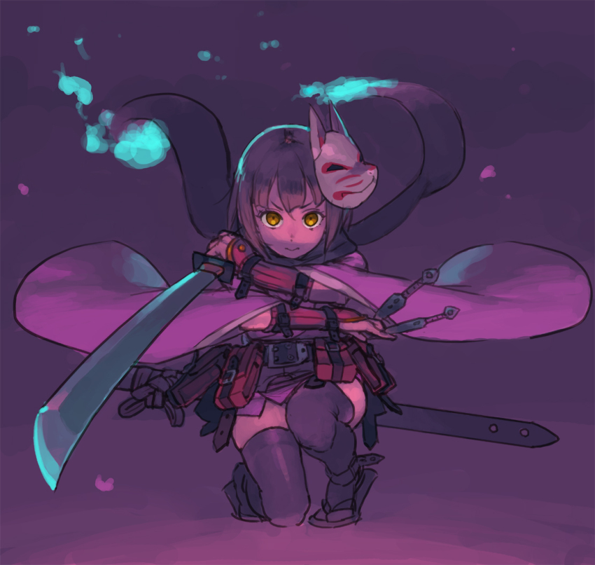 1girl, armor, atlus, brown_hair, enkyo_yuuichirou, etrian_odyssey, female_focus, fox_mask, japanese_armor, japanese_clothes, katana, kimono, kote, kunai, mask, petals, scarf, sekaiju_no_meikyuu, sekaiju_no_meikyuu_3, shinobi_(sekaiju), shinobi_4_(sekaiju), solo, sword, thighhighs, weapon, yellow_eyes