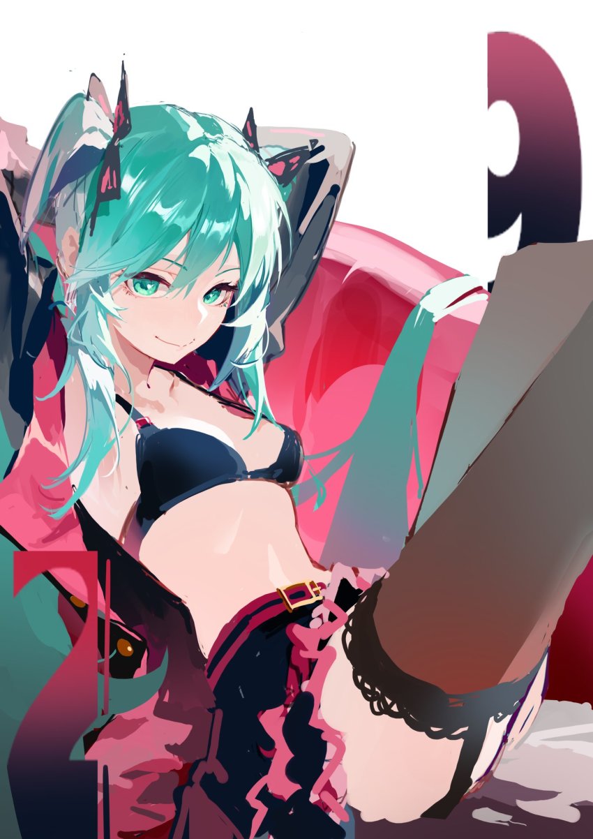 1girl, aqua_eyes, aqua_hair, armpits, arms_up, black_jacket, bra, closed_mouth