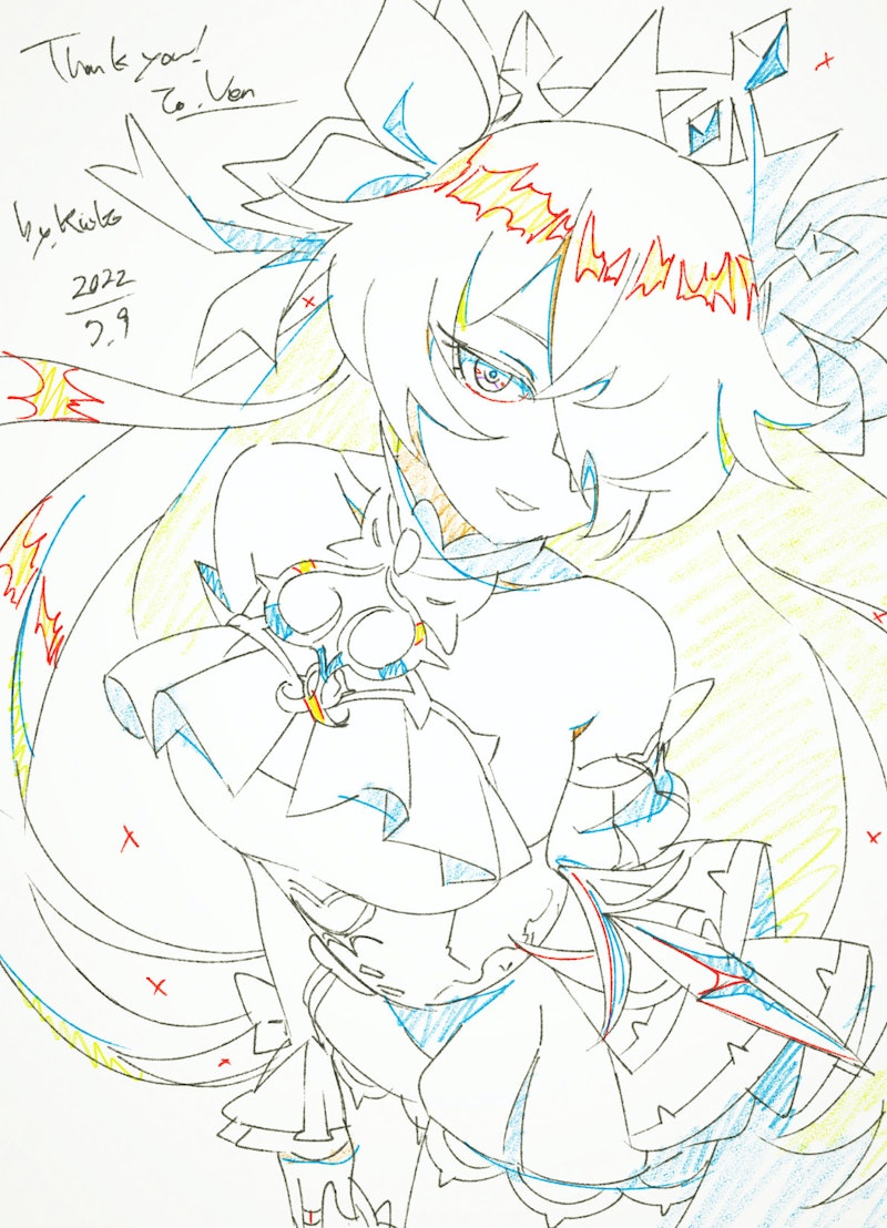 1girl, collarbone, color_trace, commentary, commission, dated, detached_sleeves, dress, english_commentary, fischl_(ein_immernachtstraum)_(genshin_impact), fischl_(genshin_impact), floating_hair, genshin_impact, hair_over_one_eye, halter_dress, halterneck, head_tilt, kiiko_2233, long_hair, official_alternate_costume, parted_lips, skeb_commission, smile, solo, tiara, very_long_hair