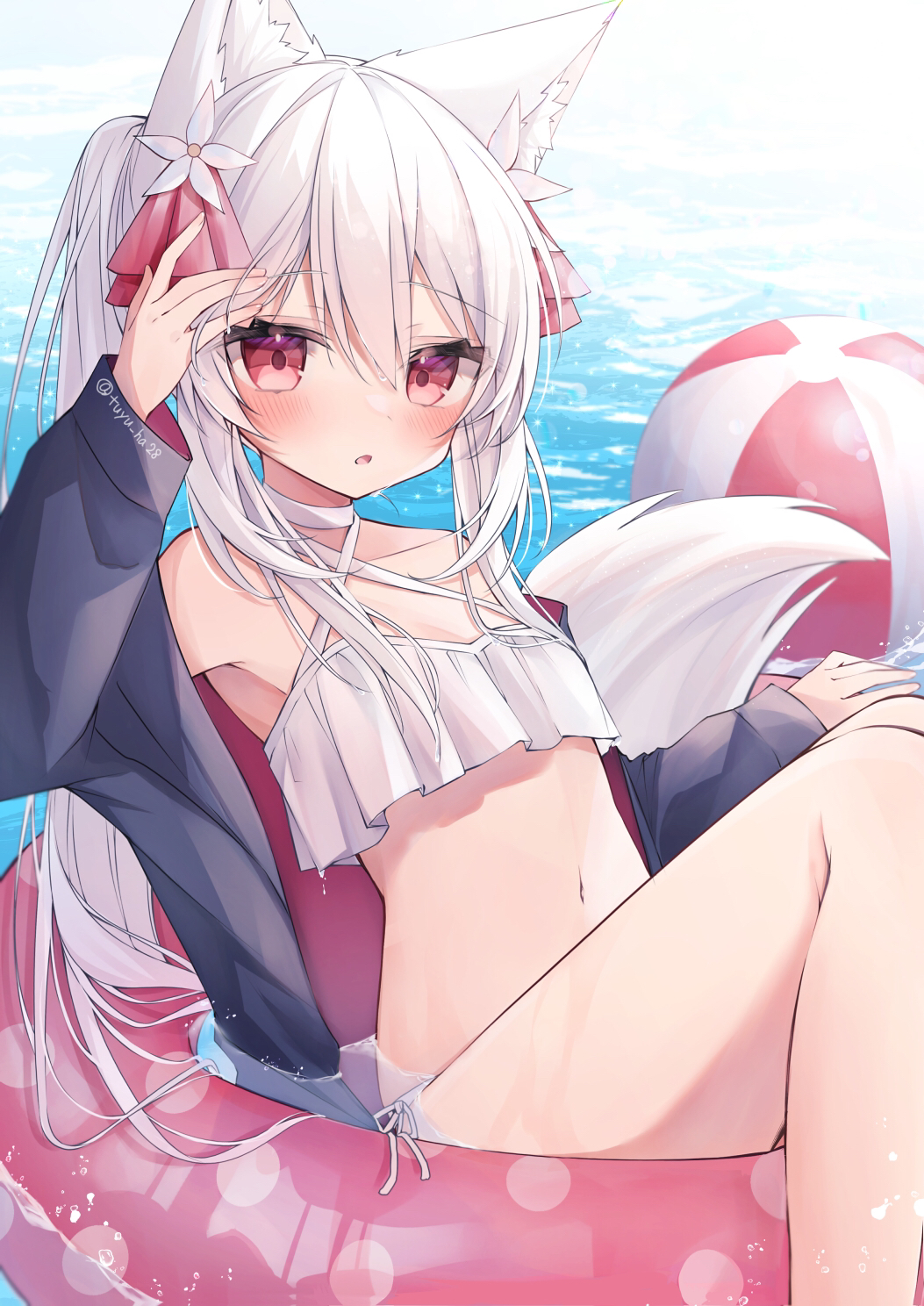 1girl, animal_ears, ball, bare_shoulders, beachball, bikini, black_jacket, blush