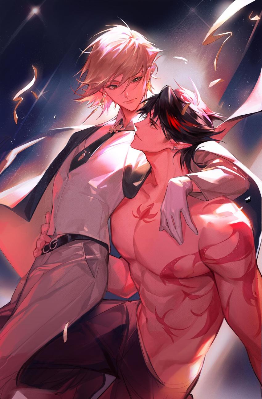 2boys, absurdres, asura_(onmyoji), bare_pectorals, bishounen, black_hair, blonde_hair, culvetday