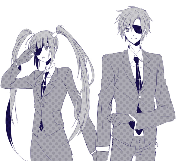 1boy, 1girl, aotsuki_ren, asbel_lhant, bad_id, bad_pixiv_id, eyepatch, gloves, monochrome, official_alternate_costume, polka_dot, purple_theme, simple_background, sophie_(tales), tales_of_(series), tales_of_graces, tuxedo, twintails, white_background