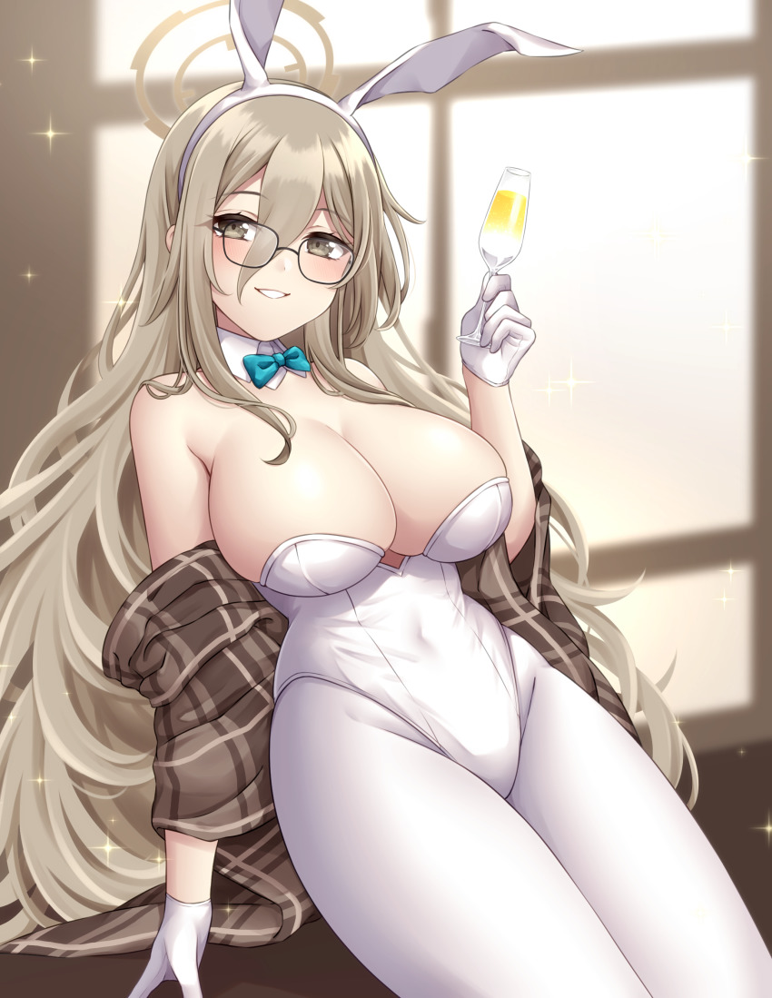 1girl, absurdres, akane_(blue_archive), akane_(bunny)_(blue_archive), animal_ears, bare_shoulders, blue_archive, blue_bow, blue_bowtie, bow, bowtie, breasts, brown_eyes, champagne_flute, cleavage, cup, detached_collar, drinking_glass, fake_animal_ears, glasses, gloves, hair_between_eyes, hairband, highres, holding, holding_cup, large_breasts, leotard, light_brown_hair, long_hair, looking_at_viewer, pantyhose, playboy_bunny, rabbit_ears, sitting, smile, solo, sorakase_sawa, very_long_hair, white_gloves, white_hairband, white_leotard, white_pantyhose