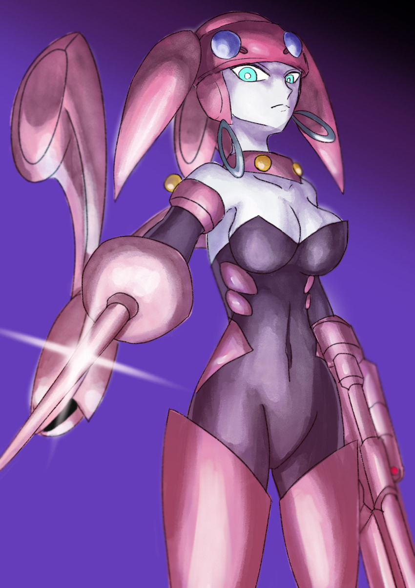 1girl, android, blue_background, blue_eyes, breasts, brigadoon, cleavage, colored_skin