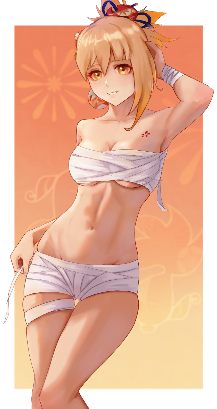 1girl, absurdres, arm_behind_head, arm_up, armpits, bandages, bandeau, bare_shoulders