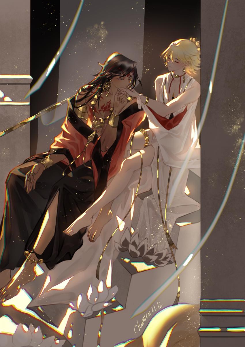 2boys, absurdres, asura_(onmyoji), bare_pectorals, barefoot, bishounen, black_hair, blonde_hair