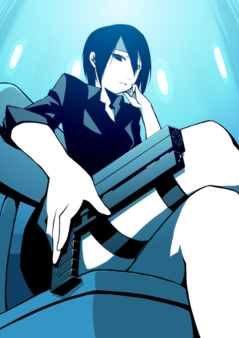 1girl, bad_id, bad_pixiv_id, blame!, blame_gakuen!, crossed_legs, female_focus, foreshortening