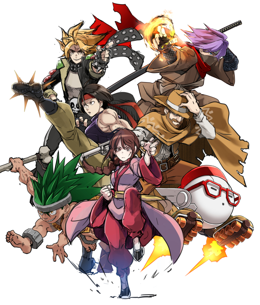 1girl, 5boys, beard, black_hair, blonde_hair, bone, brown_hair, butcha-u