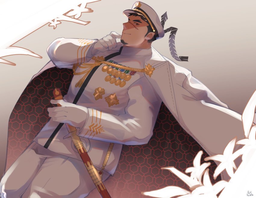 1boy, black_hair, closed_mouth, commentary_request, cowboy_shot, facial_hair, forked_eyebrows, goatee