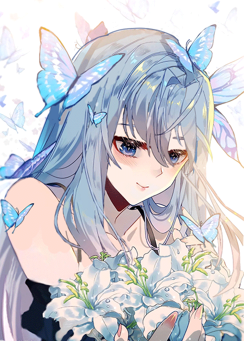 1girl, animated, animated_gif, bare_shoulders, blue_butterfly, blue_eyes, blue_hair, blush