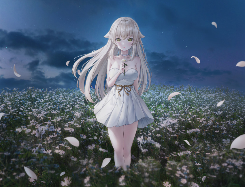 1girl, alpaca_ears, alpaca_girl, animal_ears, arin7020, breasts, brown_ribbon, choker, collarbone, commentary, commission, crossed_bangs, daisy_(flower), dress, english_commentary, falling_petals, field, floating_hair, flower, hand_up, highres, holding, holding_flower, indie_virtual_youtuber, long_hair, looking_at_viewer, outdoors, parted_lips, petals, pleated_dress, ribbon, solo, sophiel_paka, standing, strapless, strapless_dress, virtual_youtuber, white_choker, white_dress, white_hair, yellow_eyes