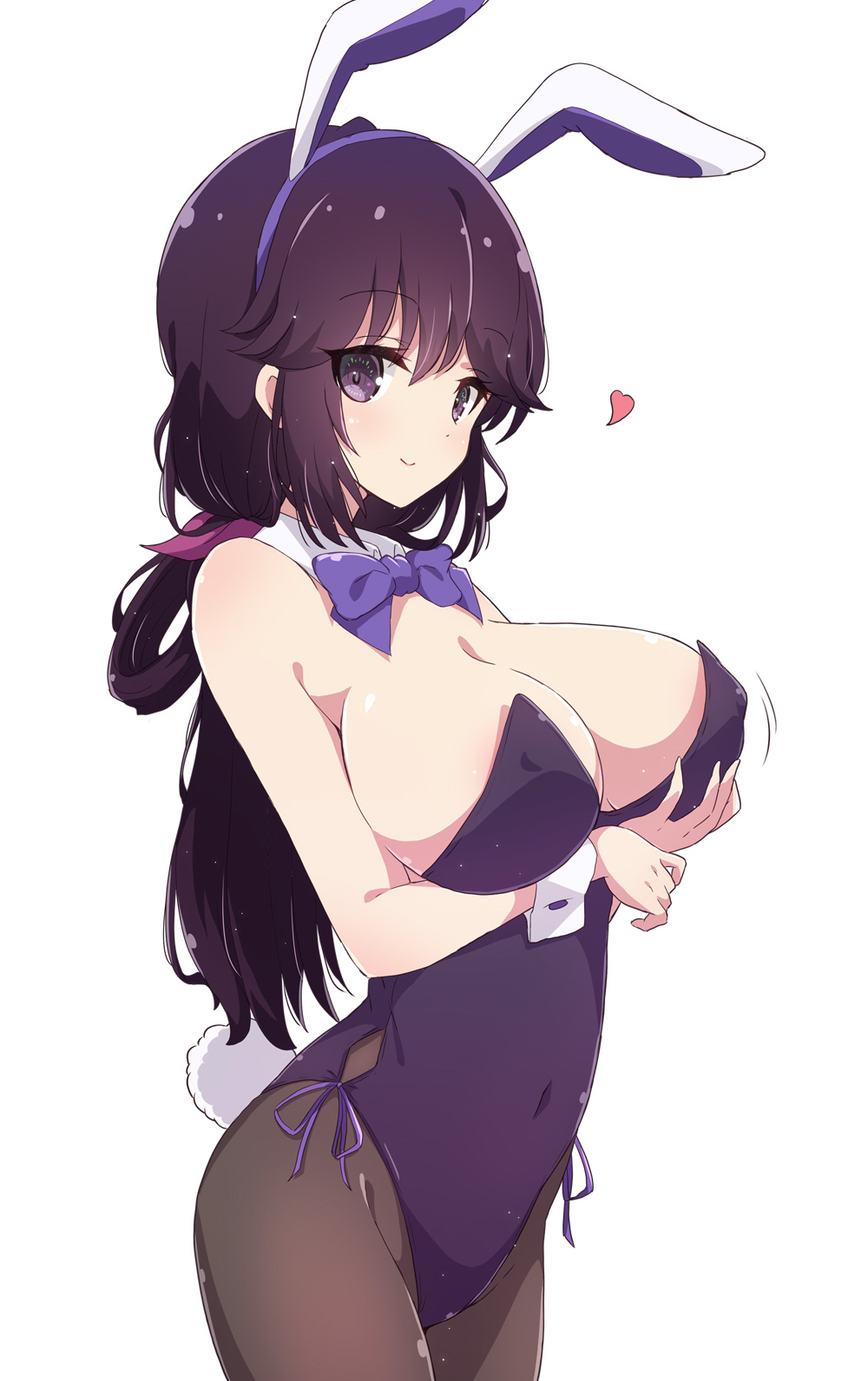 1girl, animal_ears, bare_shoulders, blush, bow, bowtie, breast_lift, breasts