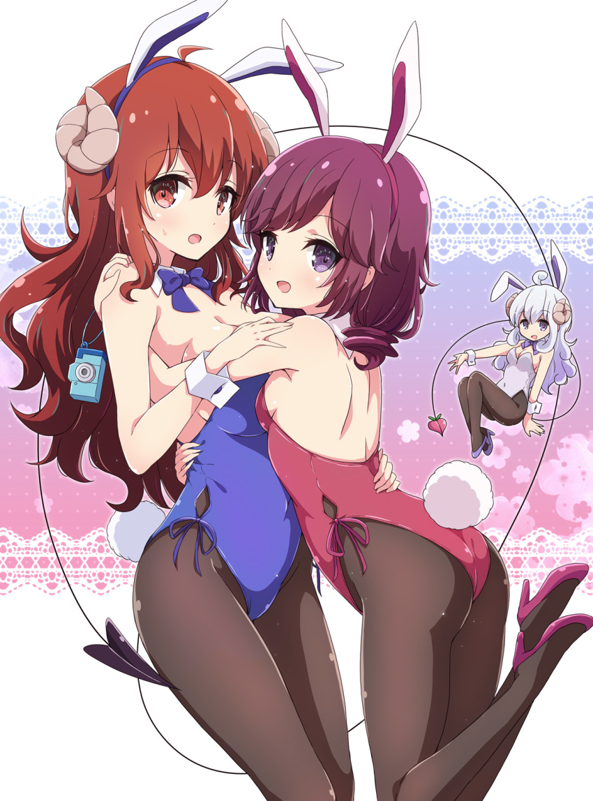 3girls, age_difference, animal_ears, ass, blue_bow, blue_bowtie, bow, bowtie, breasts, curled_horns, demon_girl, demon_horns, demon_tail, fake_animal_ears, highres, horns, hug, large_breasts, leotard, lilith_(homunculus)_(machikado_mazoku), lilith_(machikado_mazoku), long_hair, looking_at_viewer, machikado_mazoku, mel_(melty_pot), multiple_girls, pantyhose, playboy_bunny, purple_eyes, purple_hair, rabbit_ears, rabbit_tail, red_eyes, red_hair, revision, short_hair, siblings, sisters, small_breasts, strapless, strapless_leotard, tail, yoshida_ryouko, yoshida_yuuko