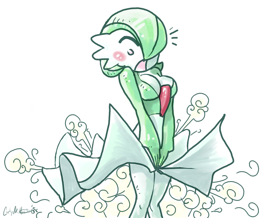 1girl, blush, breasts, embarrassed, female_focus, gardevoir, gen_3_pokemon, large_breasts, nintendo, open_mouth, parody, pokemon, pokemon_(creature), simple_background, skirt, skirt_push, solo, white_background, wind, wind_lift