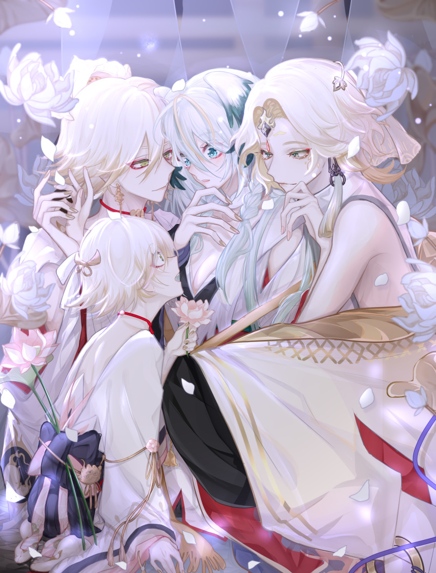 1boy, 1girl, bare_back, bare_pectorals, bare_shoulders, bishounen, blonde_hair, blue_eyes, breasts, child, cleavage, curtains, earrings, eyeliner, eyeshadow, face-to-face, falling_petals, flower, green_eyes, highres, holding, holding_flower, japanese_clothes, jewelry, kinnara_(onmyoji), light_smile, long_hair, lotus, lotus_earrings, lotus_hair_ornament, makeup, male_focus, male_harem, multiple_views, nail_polish, onmyoji, parted_bangs, pectorals, petals, pink_fur, red_eyeshadow, semi-transparent, short_hair, sidelocks, silk, sitting, string_choker, taishakuten_(onmyoji), tober, very_long_hair, white_lotus, yellow_nails