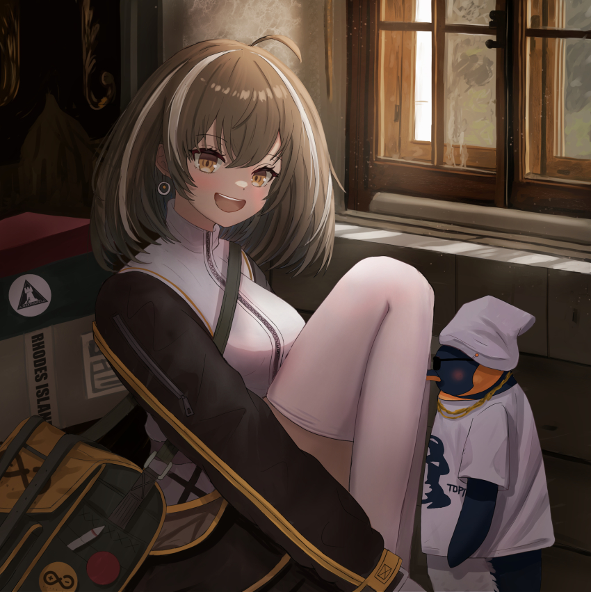 1boy, 1girl, :d, ahoge, arknights, bag, black_sleeves, box