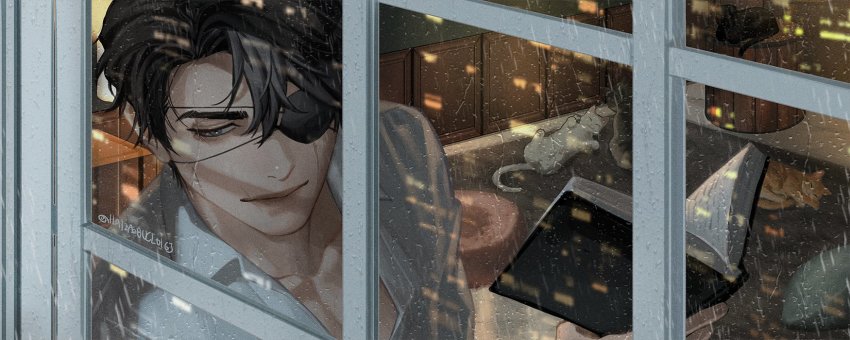 1boy, animal, black_cat, black_eyes, black_hair, blackbox_(blackbox9158), book, brown_cat, cat, collarbone, collared_shirt, commentary_request, eyepatch, highres, holding, holding_book, korean_commentary, looking_afar, looking_outside, male_focus, omniscient_reader's_viewpoint, scar, scar_across_eye, scar_on_face, shirt, short_hair, smile, white_cat, white_shirt, window, yoo_joonghyuk, yoo_joonghyuk_(999th_turn)
