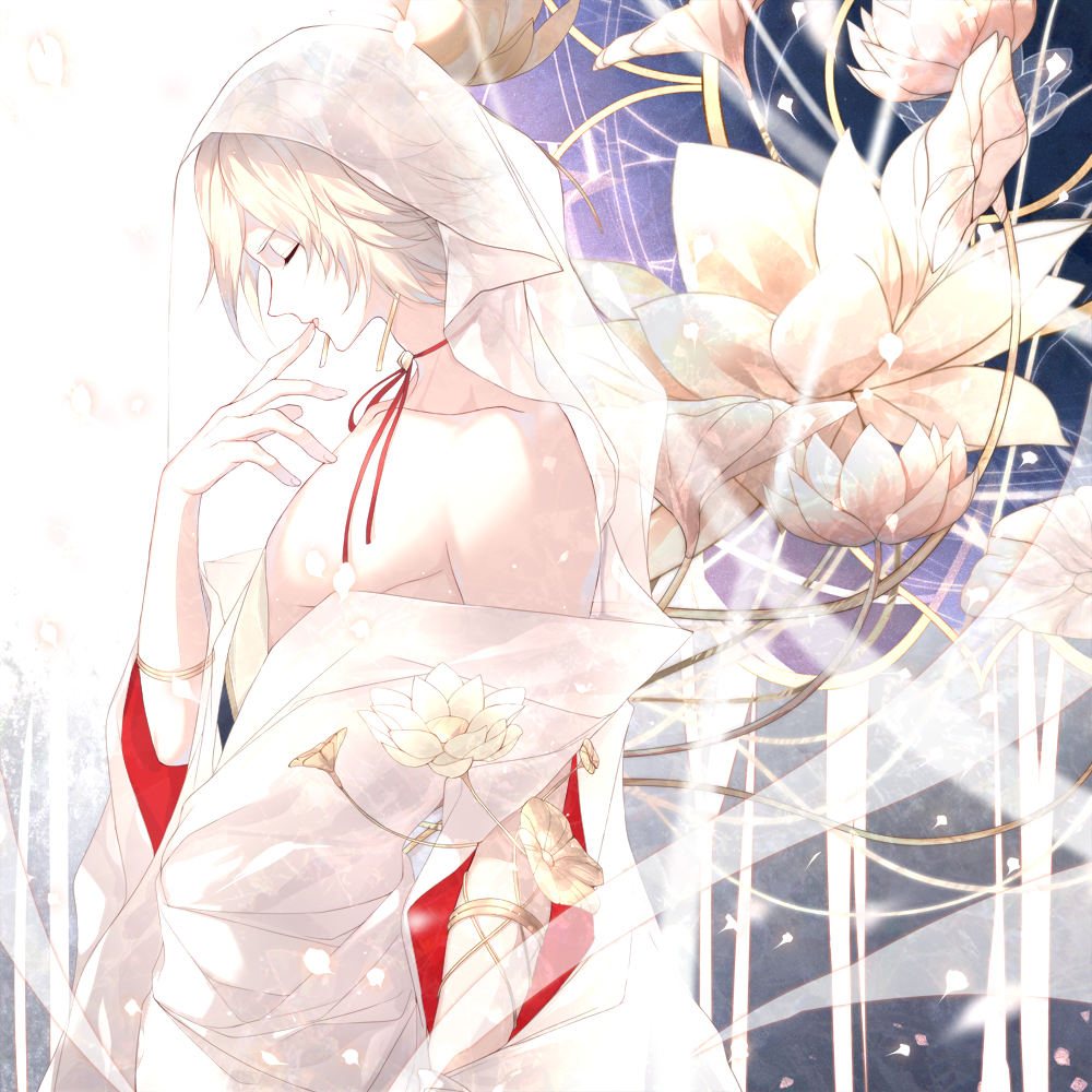 1boy, aqueasirius, bare_pectorals, bishounen, blonde_hair, closed_eyes, earrings, finger_to_mouth