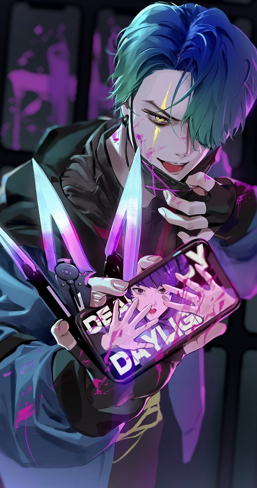 1boy, asymmetrical_bangs, black_gloves, black_mask, black_shirt, blue_hair, blurry, blurry_background, cellphone, commentary_request, dark_background, dead_by_daylight, earrings, fingerless_gloves, fingernails, gloves, gradient_hair, green_hair, grey_jacket, hair_over_one_eye, hak_ji-woon_(pressured_performer), hand_up, hands_up, highres, holding, holding_phone, hood, hood_down, hooded_jacket, jacket, jewelry, keki_chogyegi, long_sleeves, looking_at_viewer, male_focus, mask, mask_pull, mouth_mask, multicolored_hair, off_shoulder, one_eye_covered, open_clothes, open_jacket, open_mouth, original, paint_splatter, paint_splatter_on_face, parted_bangs, phone, puffy_long_sleeves, puffy_sleeves, shirt, short_hair, smartphone, smile, solo, teeth, the_trickster_(dead_by_daylight), upper_teeth_only, yellow_eyes