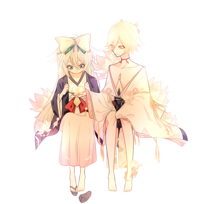 1boy, 1girl, bare_pectorals, barefoot, bishounen, blonde_hair, bow, braid