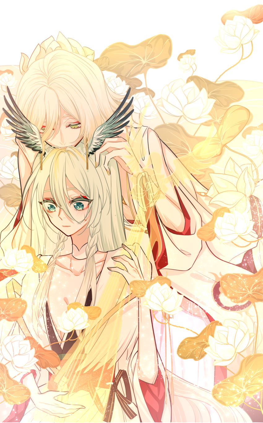 1boy, 1girl, absurdres, bare_pectorals, bishounen, blonde_hair, braid, breasts