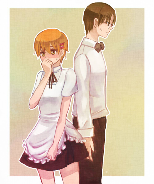 bad_id, bad_pixiv_id, glasses, inami_mahiru, ochi, orange_eyes, orange_hair, short_hair, takanashi_souta, waitress, working!!